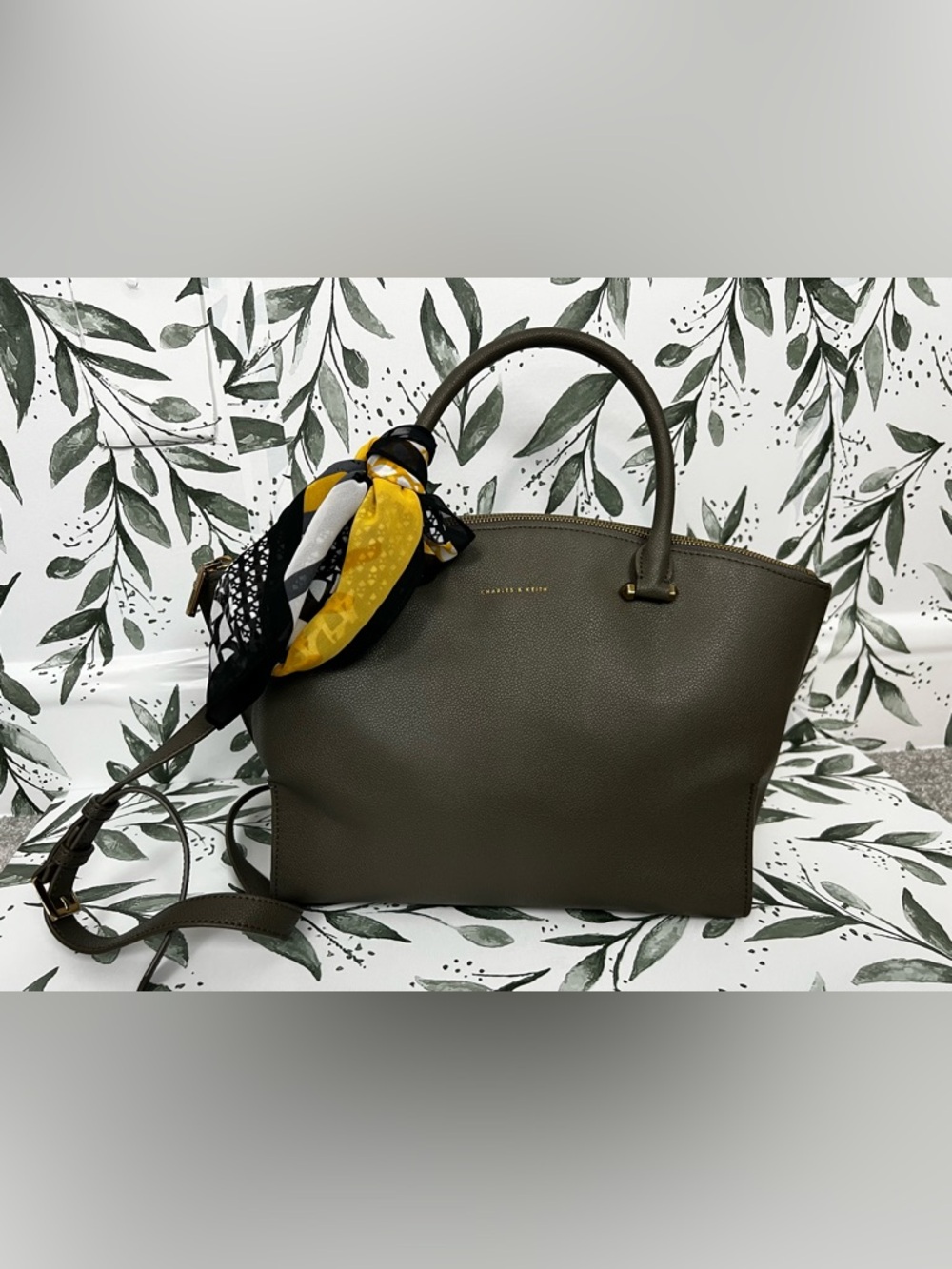 CHARLES & KEITH Curved Zip Handbag Olive Color Double Strap Elegant Tote